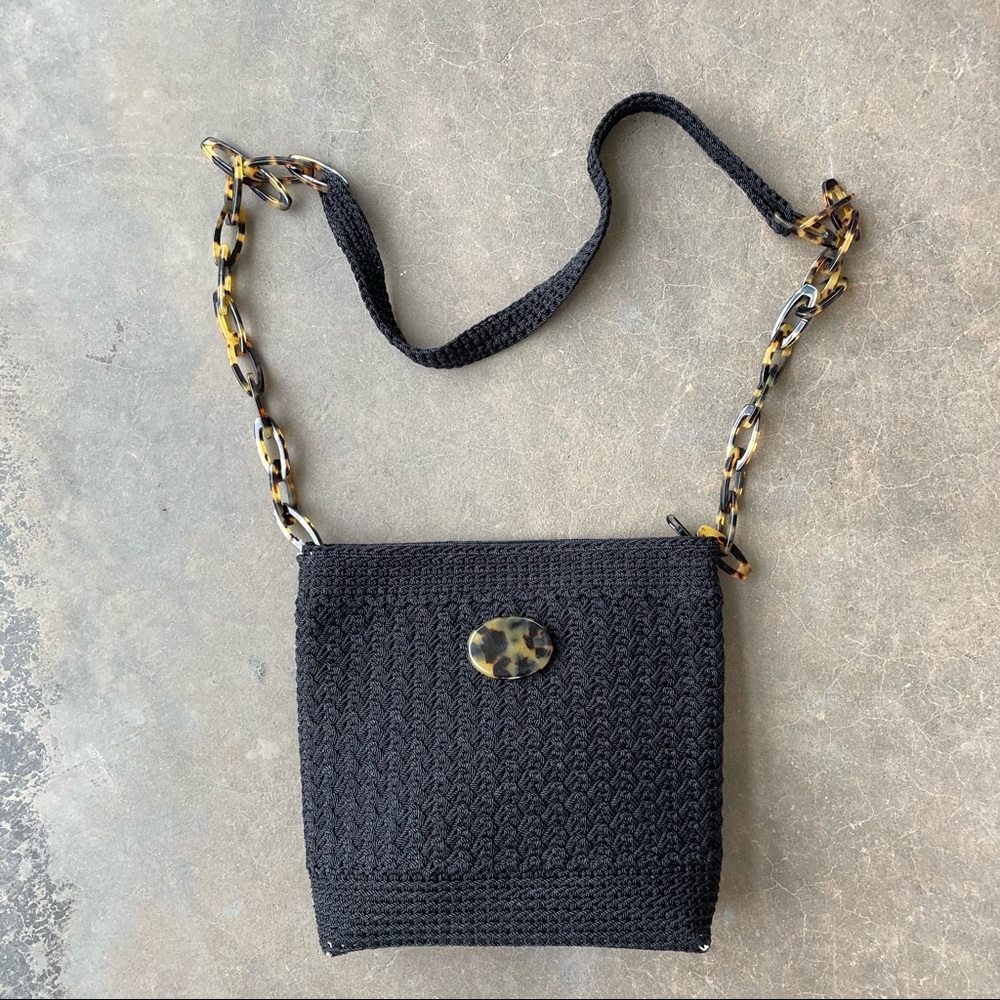VINTAGE CHRISTIAN LIVINGSTON Black Crocheted Purse with Tortoise Shell Strap